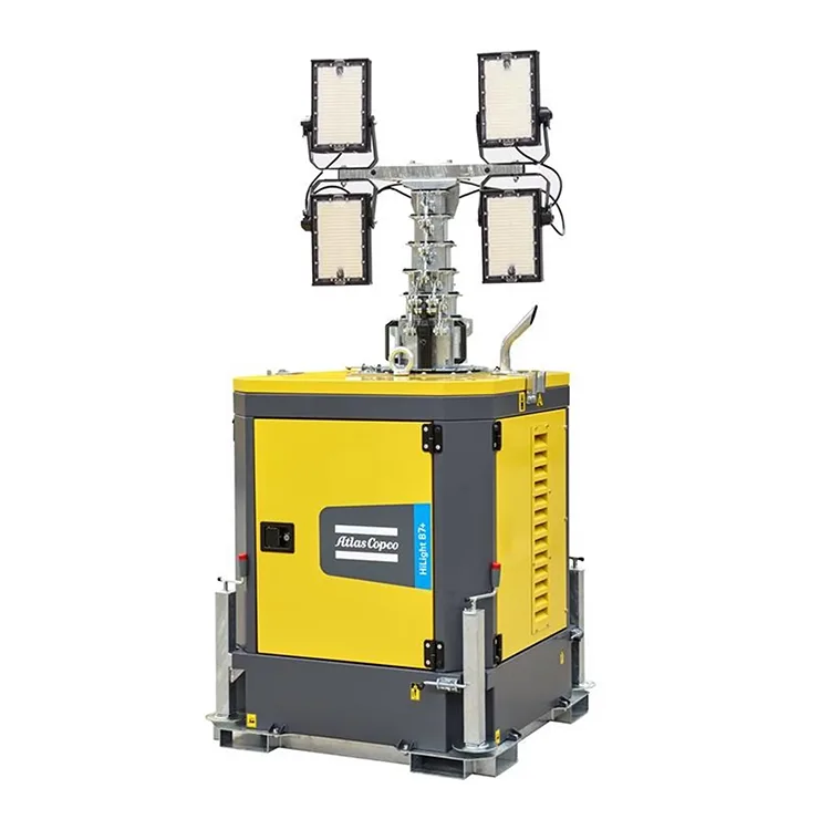 ما هي المزايا الأساسية التي توفرها شركة Atlas Copco LED Light Tower Hilight لمشاريع البناء وإضاءة الأحداث؟